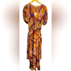 **SALE**A.L.C. Lucia dress in terracotta paisley silk v neck smocked waist  midi